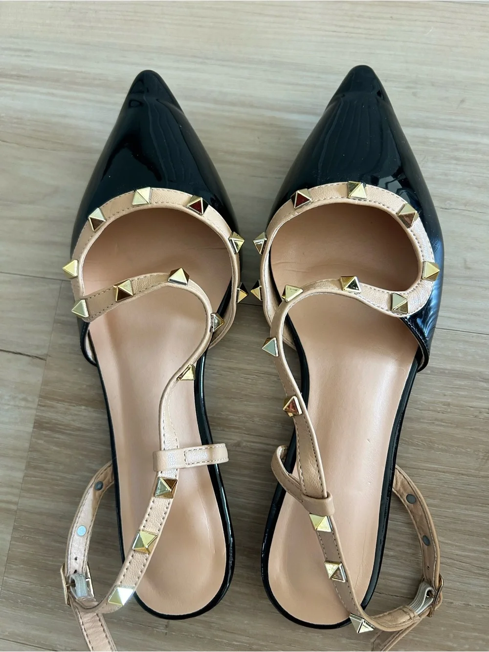 Studded Pointed-Toe Slingback Flats in Black and Nude